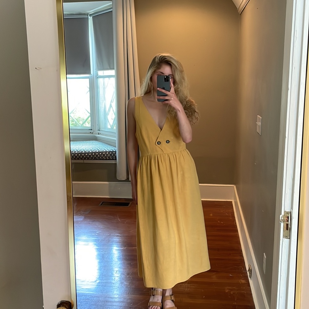 Zara Midi Dress Womens Sleeveless Cross Back Mustard Yellow Deep Plunge